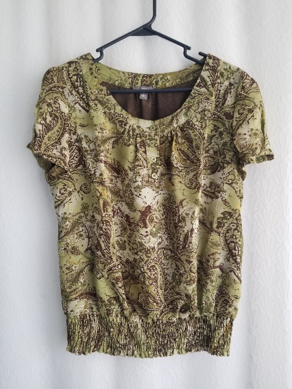 Green Paisley Semi Sheer Blouse Cinched Waistband Large